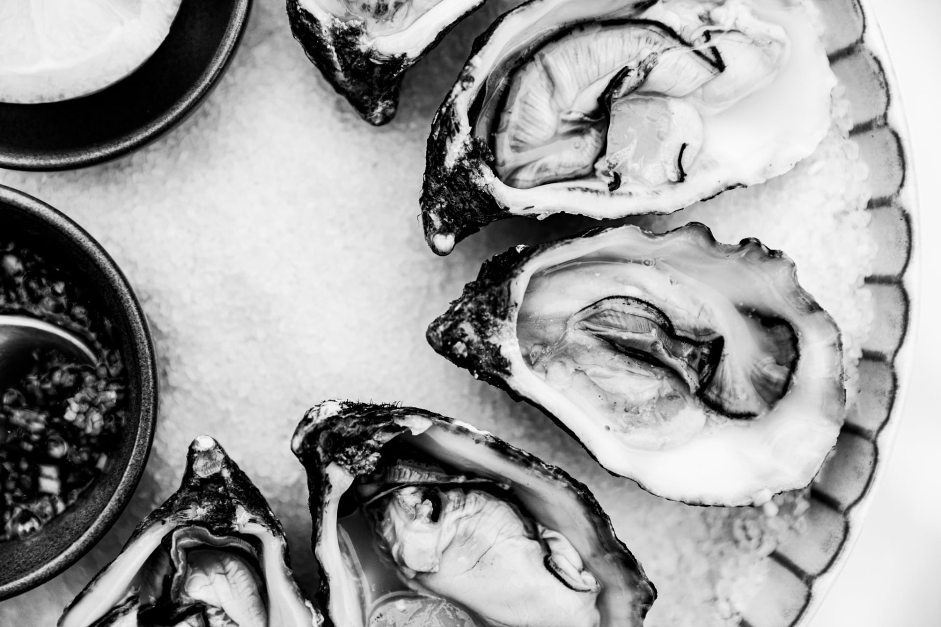 Verse oesters op ijs in zwart-wit compositie